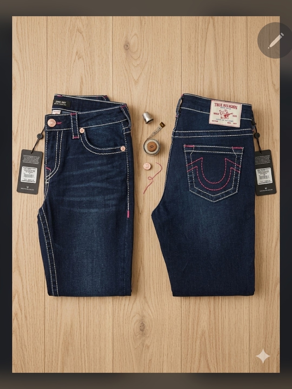 True Religion Dark Indigo Jeans with Pink Accents